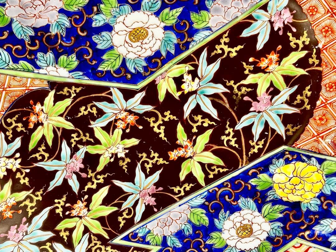 深川栄左衛門 染錦草花有職文扇形大皿 幕末 明治 香 蘭社 有田 伊万里