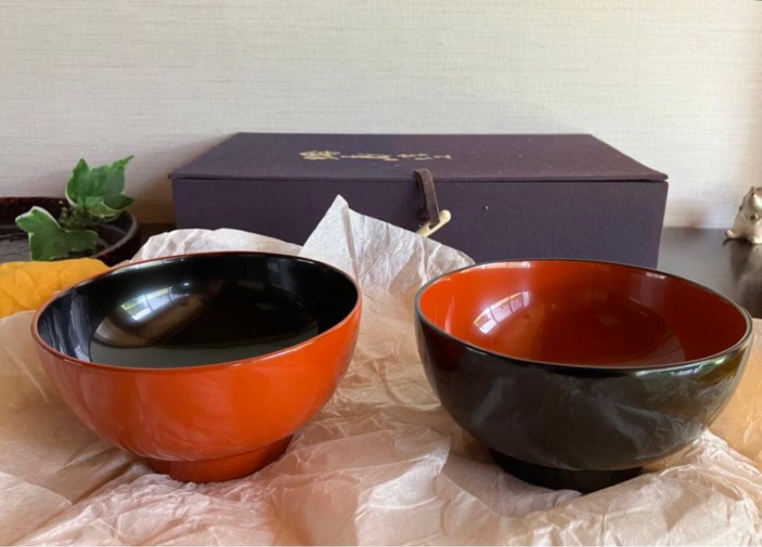 輪島塗　夫婦椀　お椀　汁椀　２客　・　夫婦箸　金蒔絵　打ち出の小槌　天然うるし