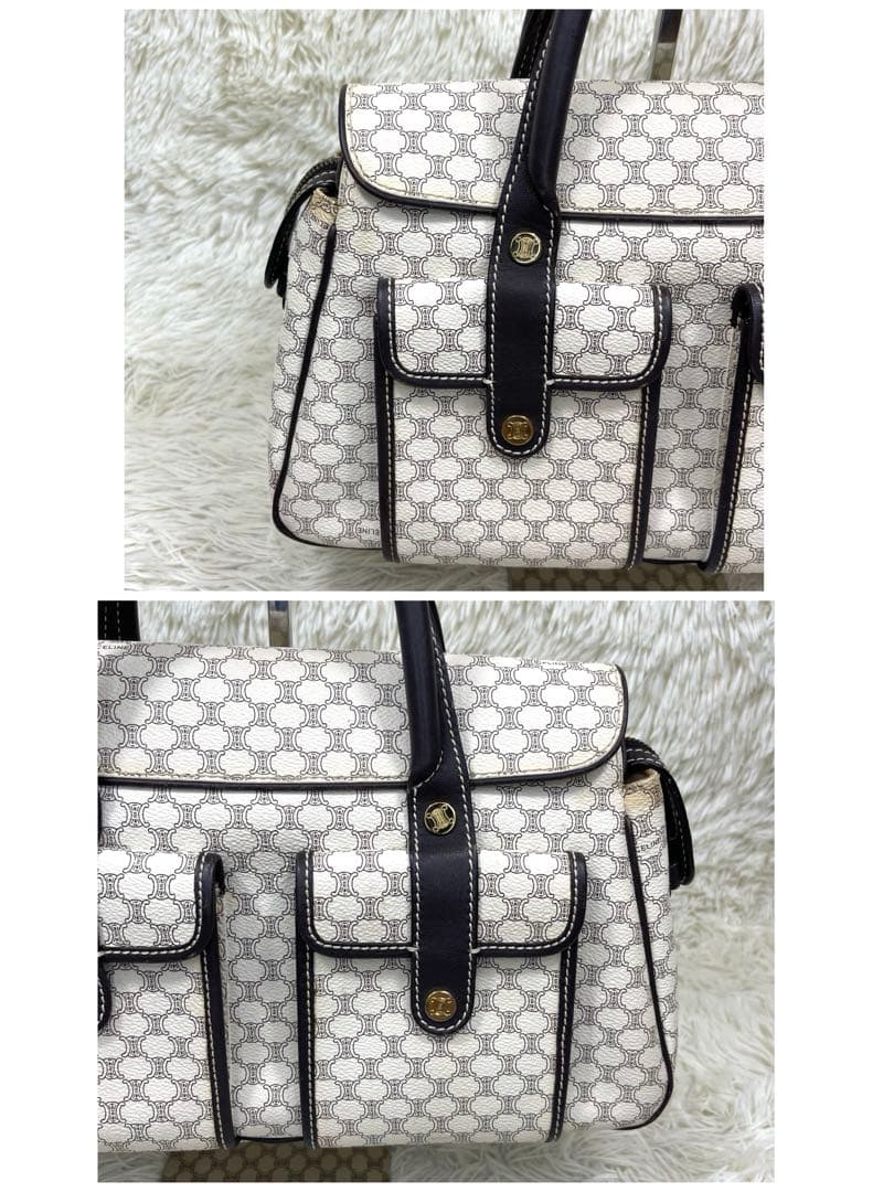 希少品‼️CELINE セリーヌ　ハンドバッグ　白マカダム柄　ロゴ金具　PVC