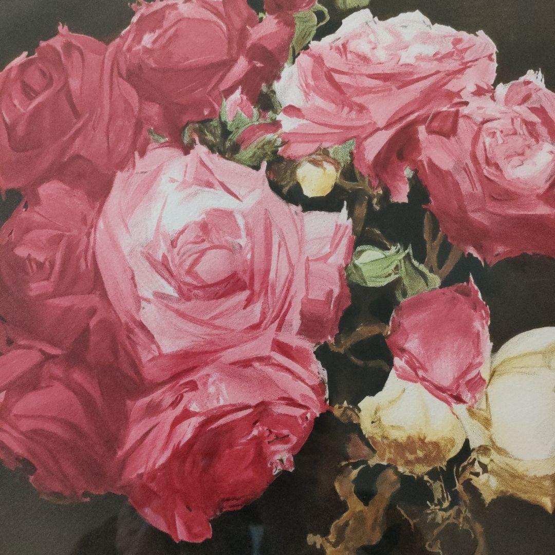 斎藤三郎　大判リトグラフ『薔薇』直筆サイン入、ウコン布&共箱付
