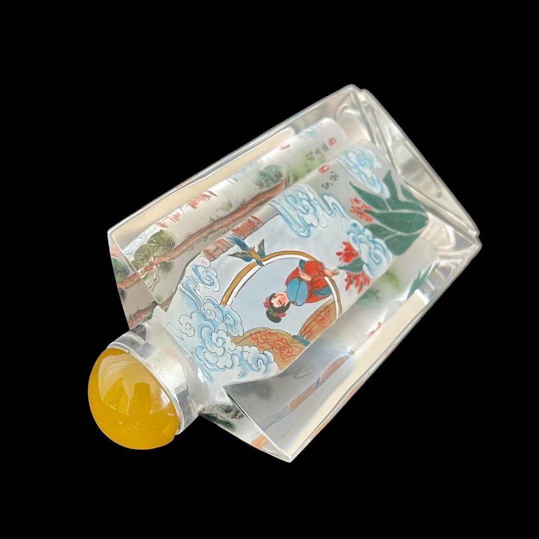 中国内画 山東内畫 内側ペイント タバコ瓶 女性 男性 雲 葉 鳥 木 中国製