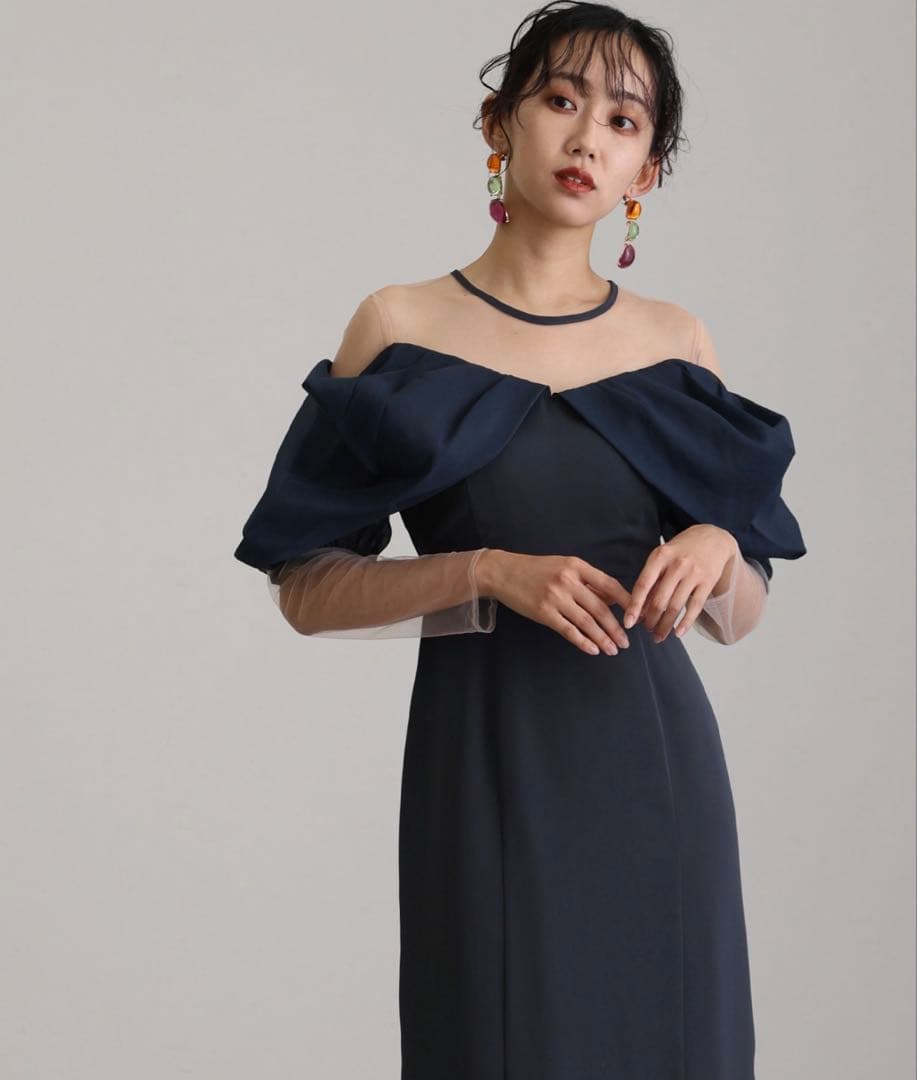 pourvous オフショルダーストレートドレス アッシュネイビー L