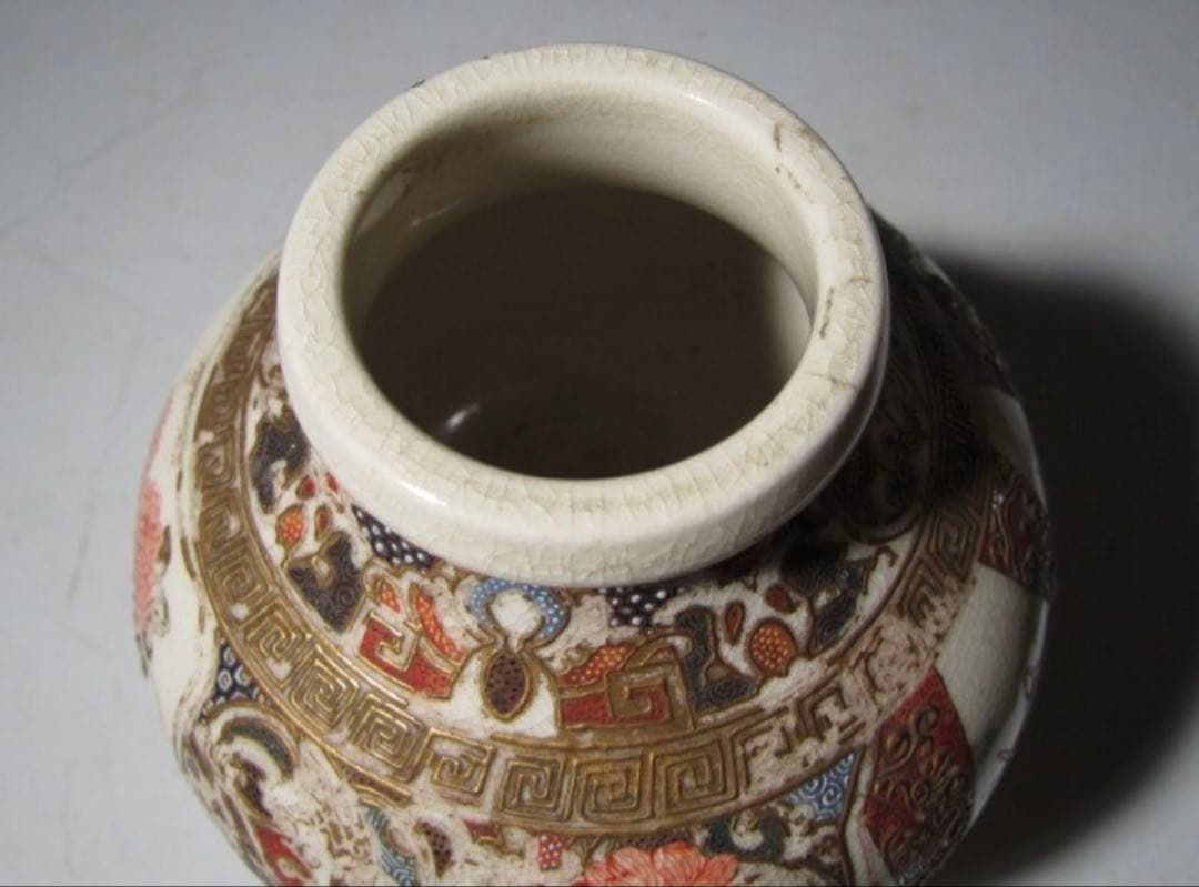 江戸期 京薩摩 帯山造 金襴手花入！7712