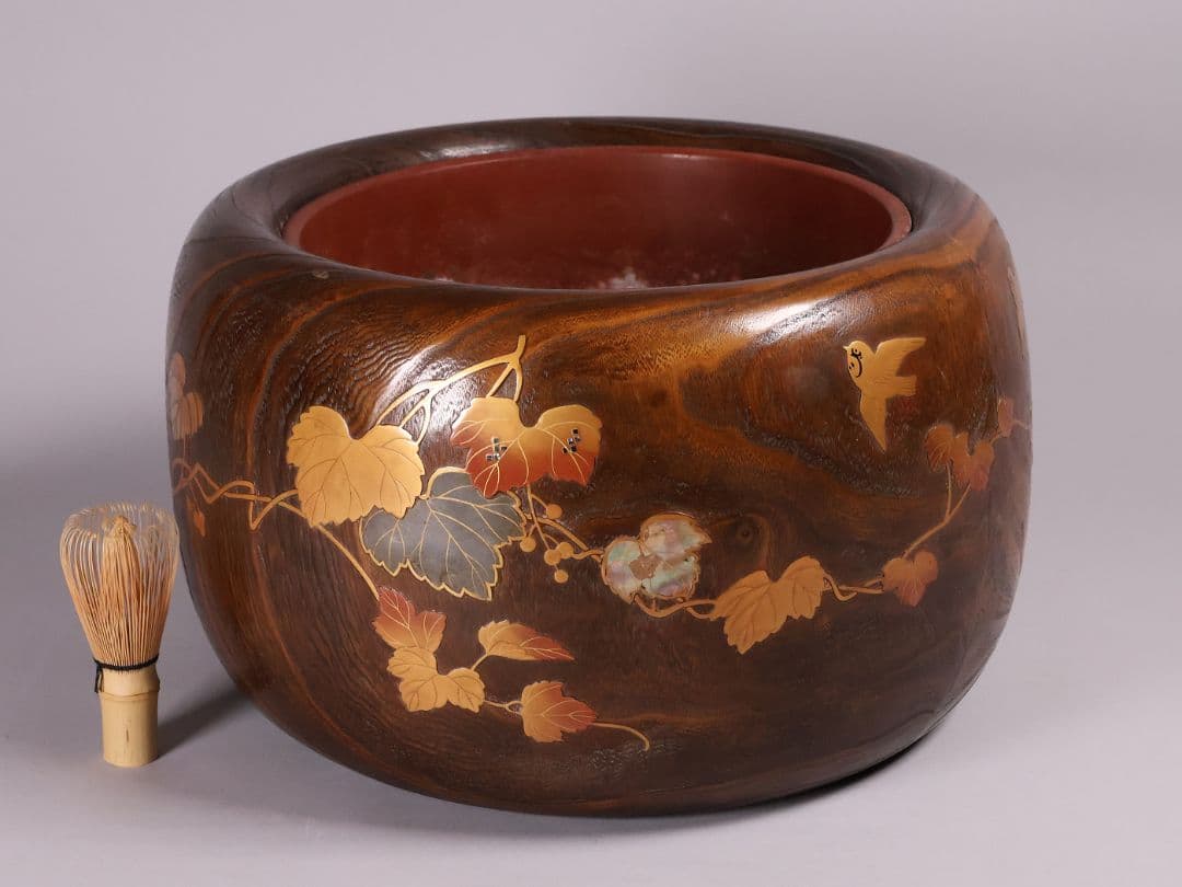 尺参 桐火鉢 金蒔絵 螺鈿細工 幅37.8cm 尺3 蔦 鳥 草【MB32】