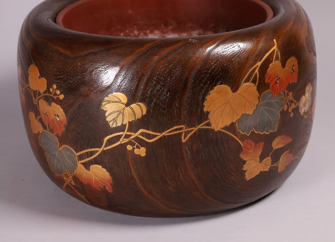 尺参 桐火鉢 金蒔絵 螺鈿細工 幅37.8cm 尺3 蔦 鳥 草【MB32】