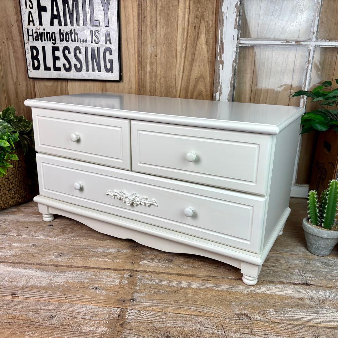 フレンチ調ホワイトチェスト横長木製収納家具姫系洋タンス飾り棚姫かわテレビ台TV台