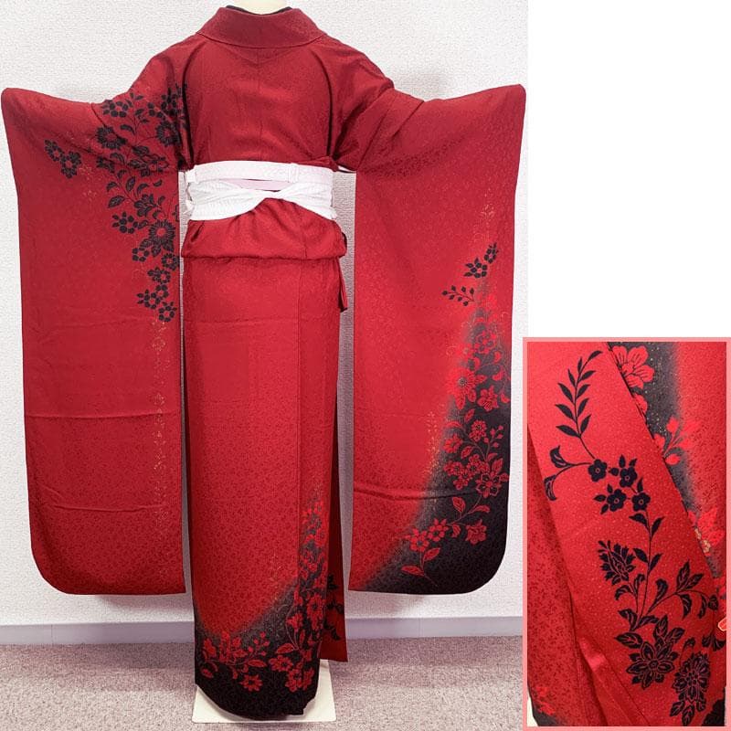 507z9☆人気！振袖 モダン シック 金彩 地紋 赤黒☆結婚式 成人式