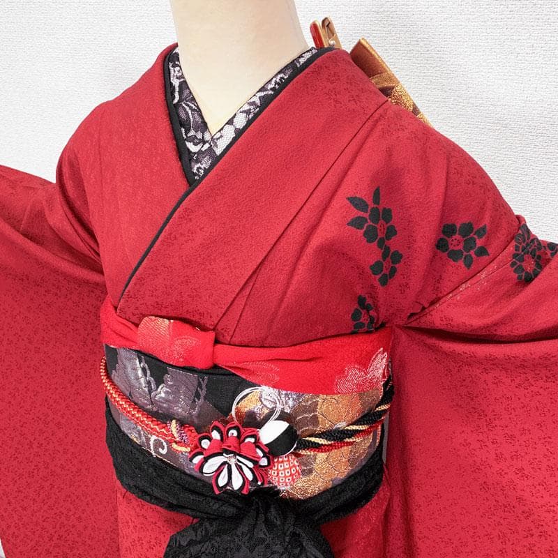 507z9☆人気！振袖 モダン シック 金彩 地紋 赤黒☆結婚式 成人式