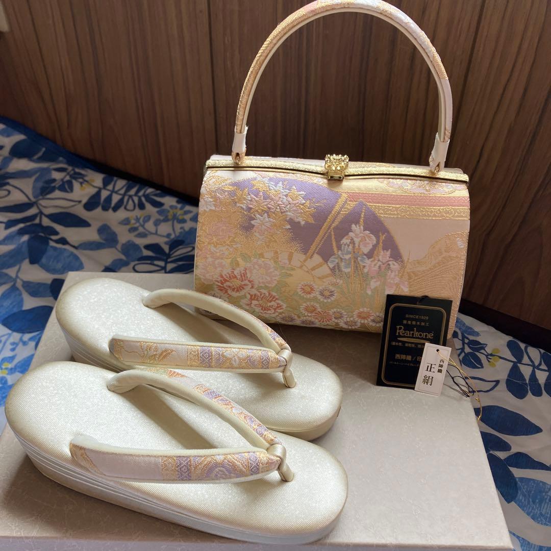 草履バックセット　織姫　正絹　西陣織　印伝　仕立屋甚五郎　草履Mサイズ