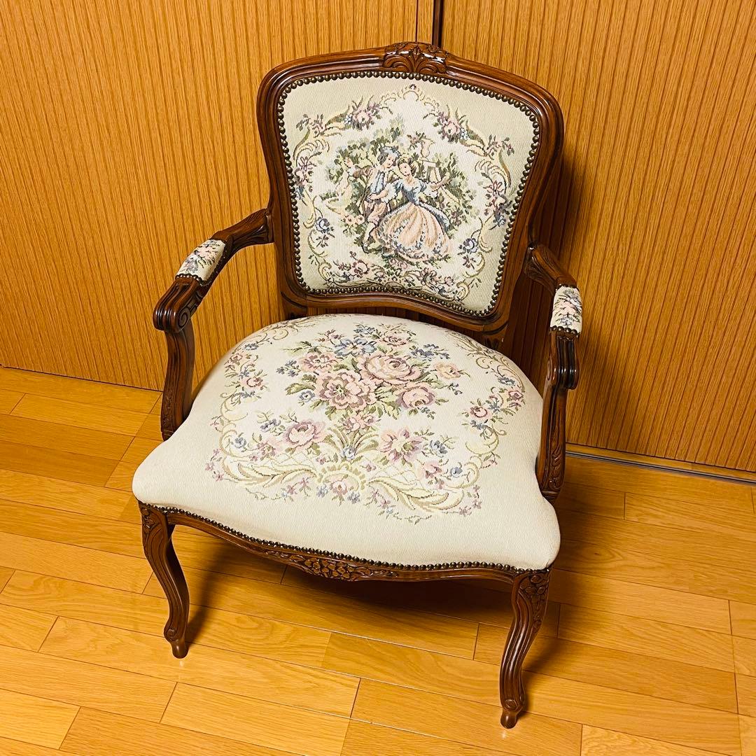 【美品】仏フランス アンティーク家具 プチポワン アームチェア ゴブラン織り