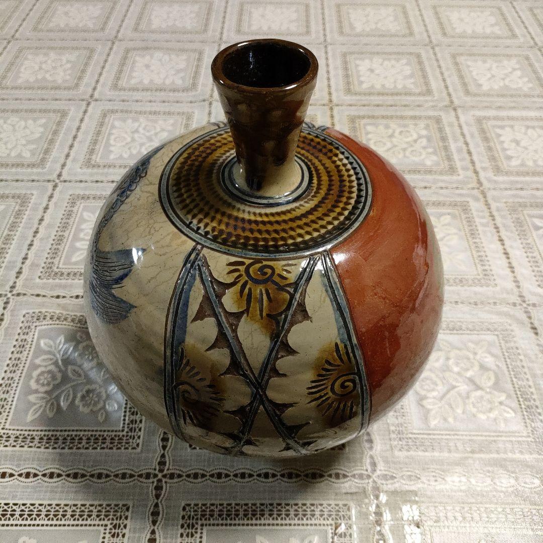 ★壺屋焼★名工新垣勲 赤絵魚紋壷、花瓶