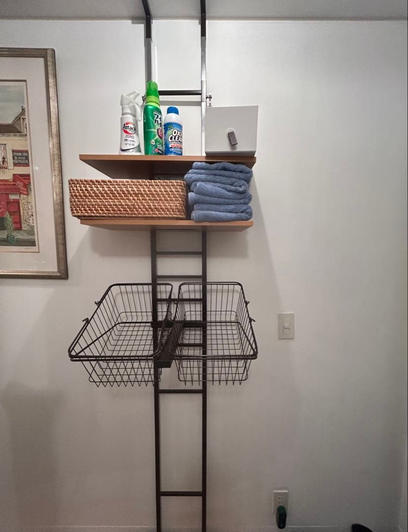 突っ張り式　洗濯機棚 ランドリーラック バスケットタイプ 2段