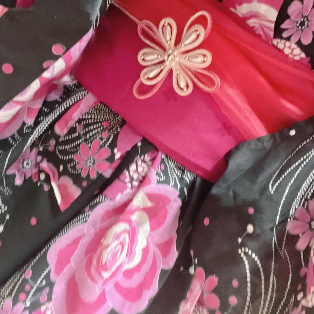 ドレス浴衣 　大人フリーサイズ　ハンドメイド　地雷　姫ギャル　バラ　ピンク