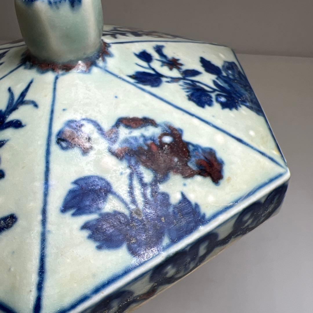 中国美術　釉裏紅六角蓋物　幅約14㎝ 東Y7-0603①