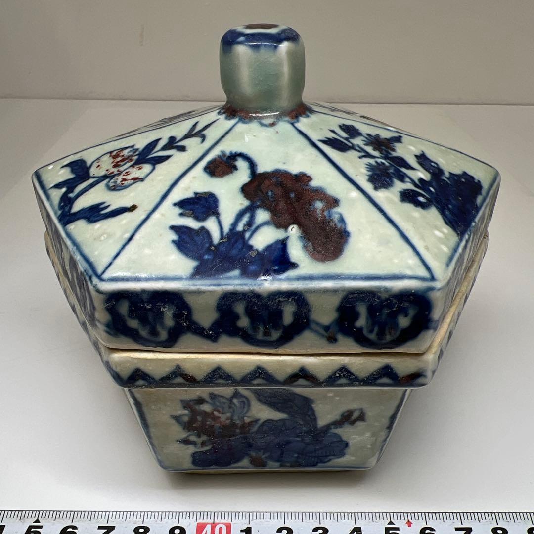 中国美術　釉裏紅六角蓋物　幅約14㎝ 東Y7-0603①