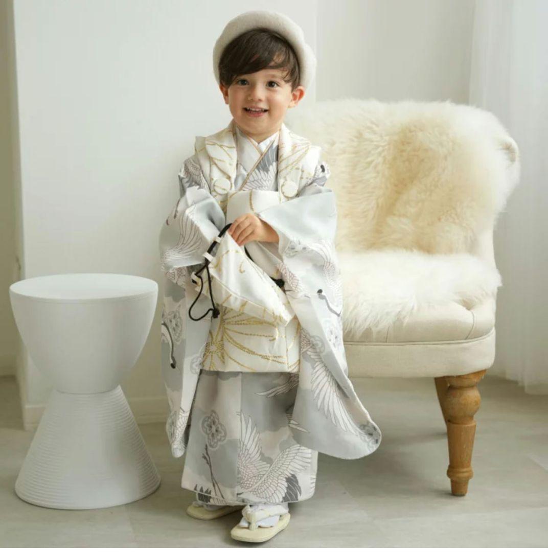 ひよこ商店 七五三 3歳 男の子 ベレー帽被布セット クリーム金彩×ミント吉祥鶴