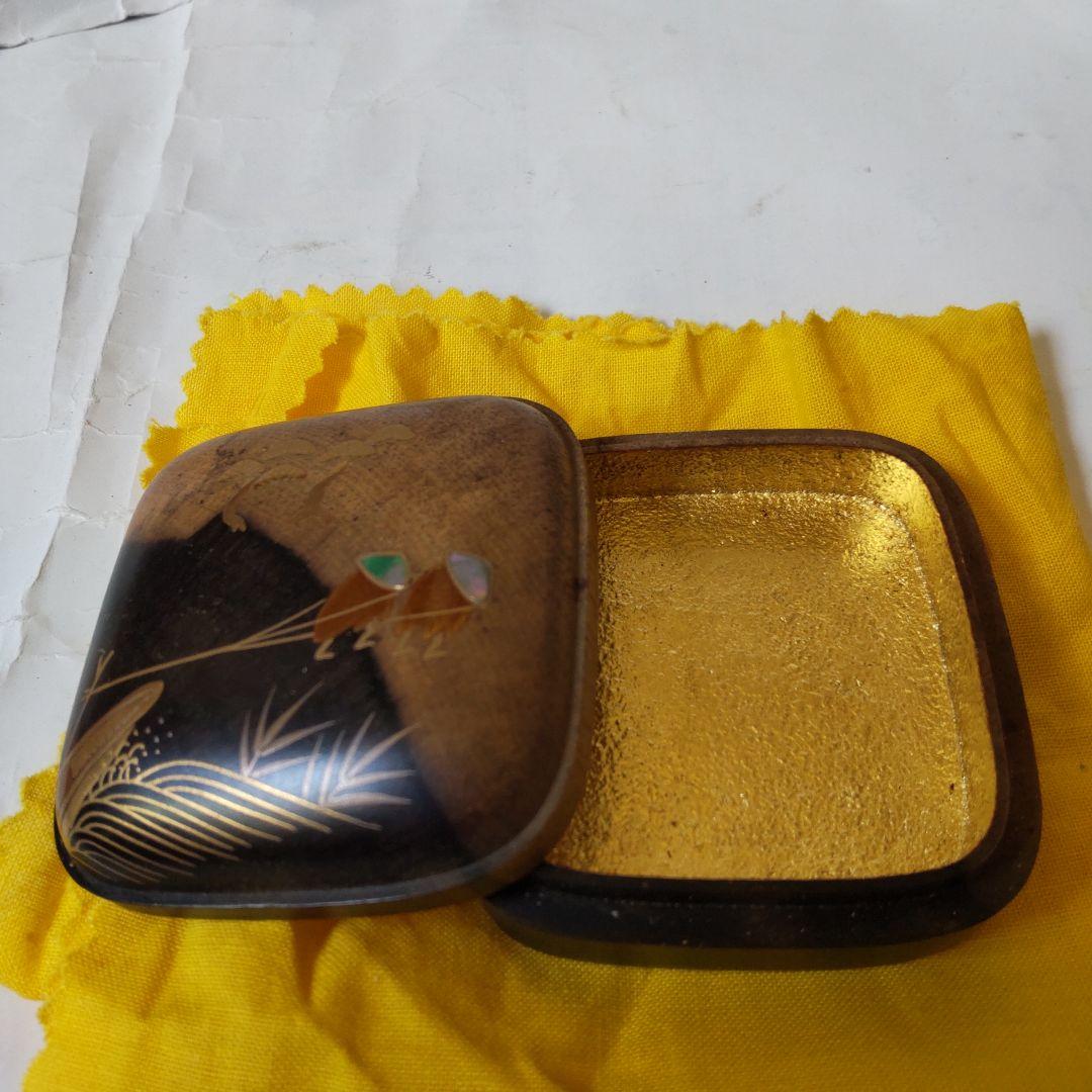 山中塗 蒔絵師 道場宗廣 作 黒柿 四方香合 曳舟 共箱 螺鈿細工 漆器 新品