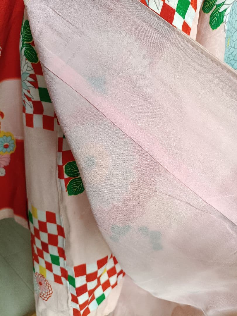 アンティーク格子模様の着物と白の作り帯☆七五三７歳セット