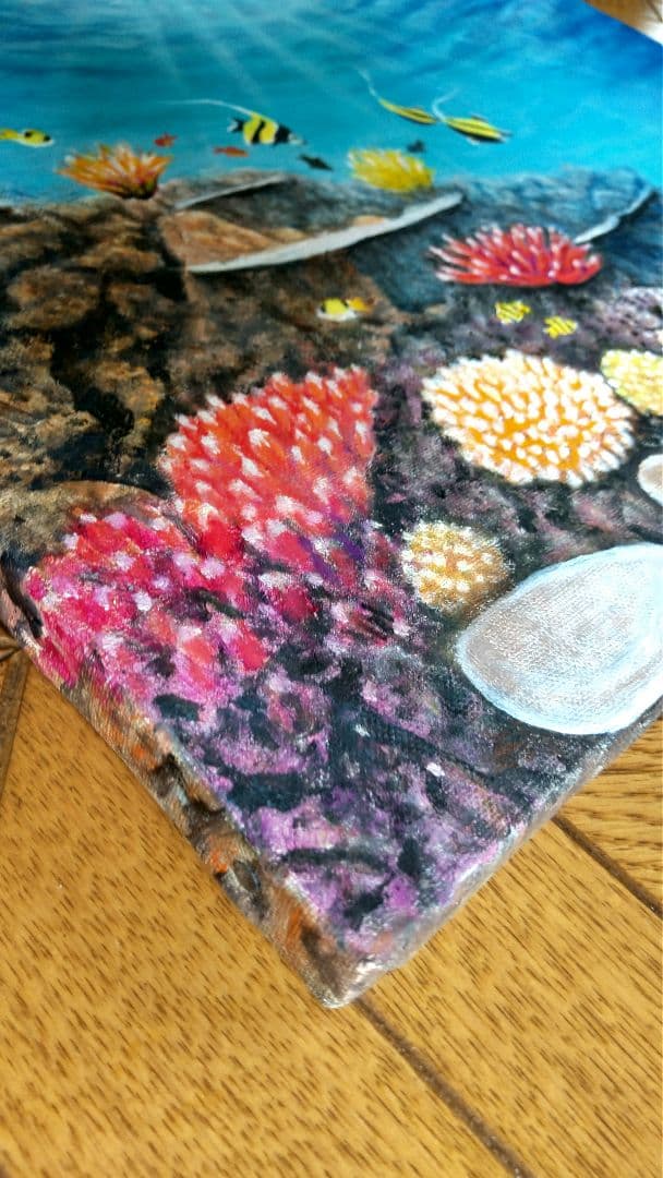 油彩画「魚たちの海中公園」油絵 絵画 原画 F6