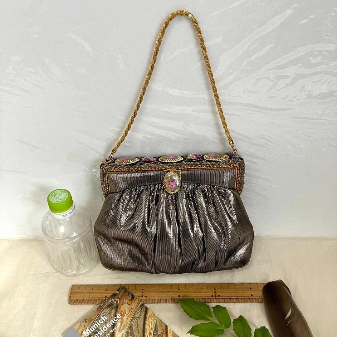 フランス　アンティークデザイン　パーティバッグ　シックゴールド＆陶器＆ビーズ