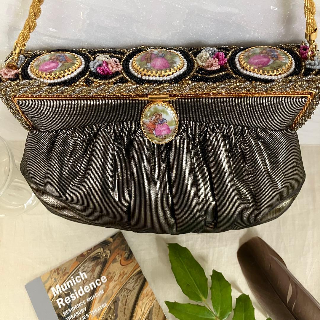 フランス　アンティークデザイン　パーティバッグ　シックゴールド＆陶器＆ビーズ