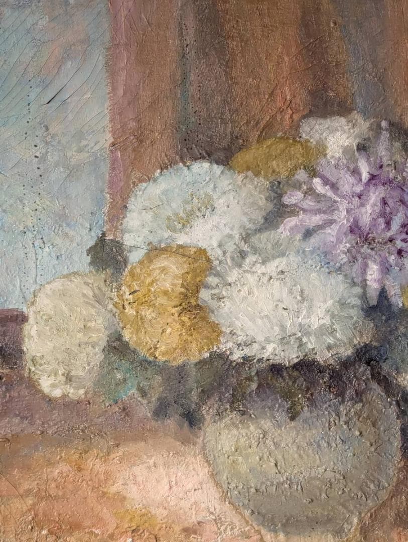 【真作】絵画　油彩8号　優雅な花瓶の菊　柔らかな色彩で描かれた静物画　V136