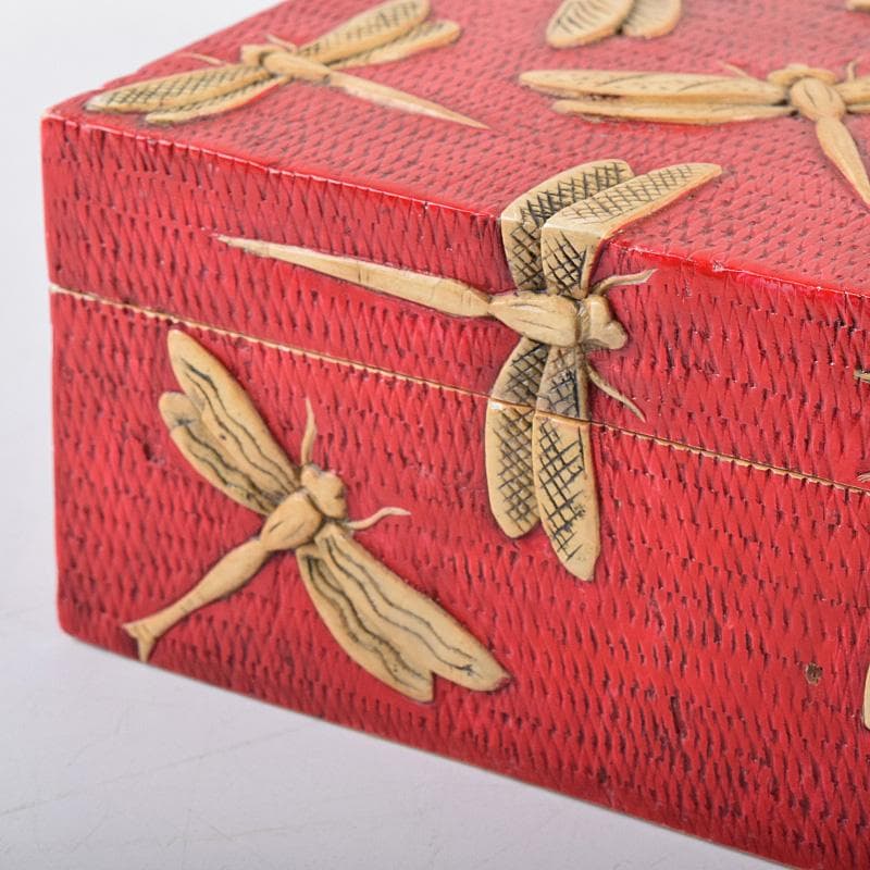 中国　彩色玉石彫刻　蜻蛉彫　四方箱　D　R8492