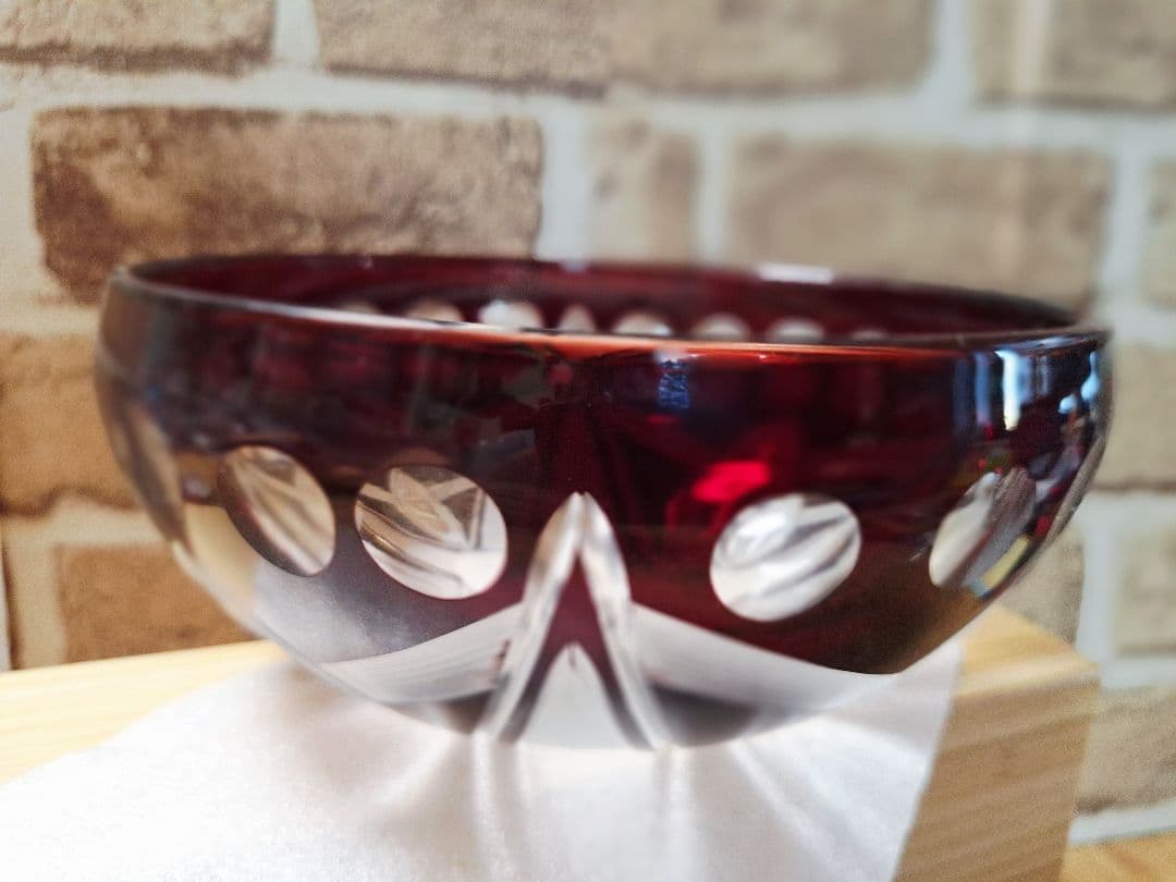 未使用！江戸切子　江戸被切子 深鉢 赤きりこ 18cm サラダボール 硝子鉢