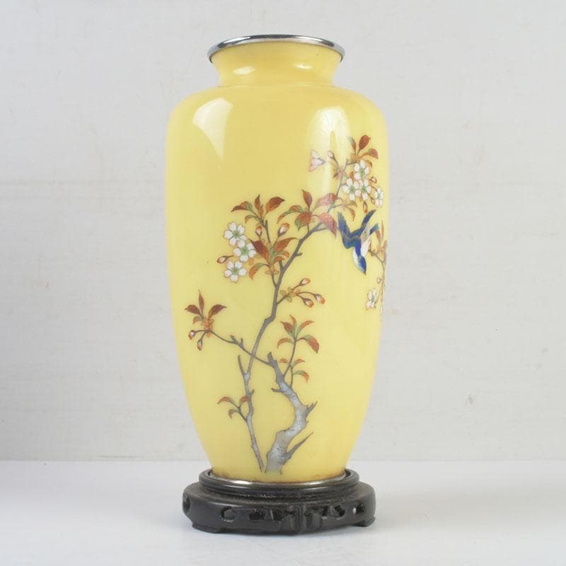 七宝焼　黄釉　花鳥文　花瓶　唐木台・箱付　D　9821