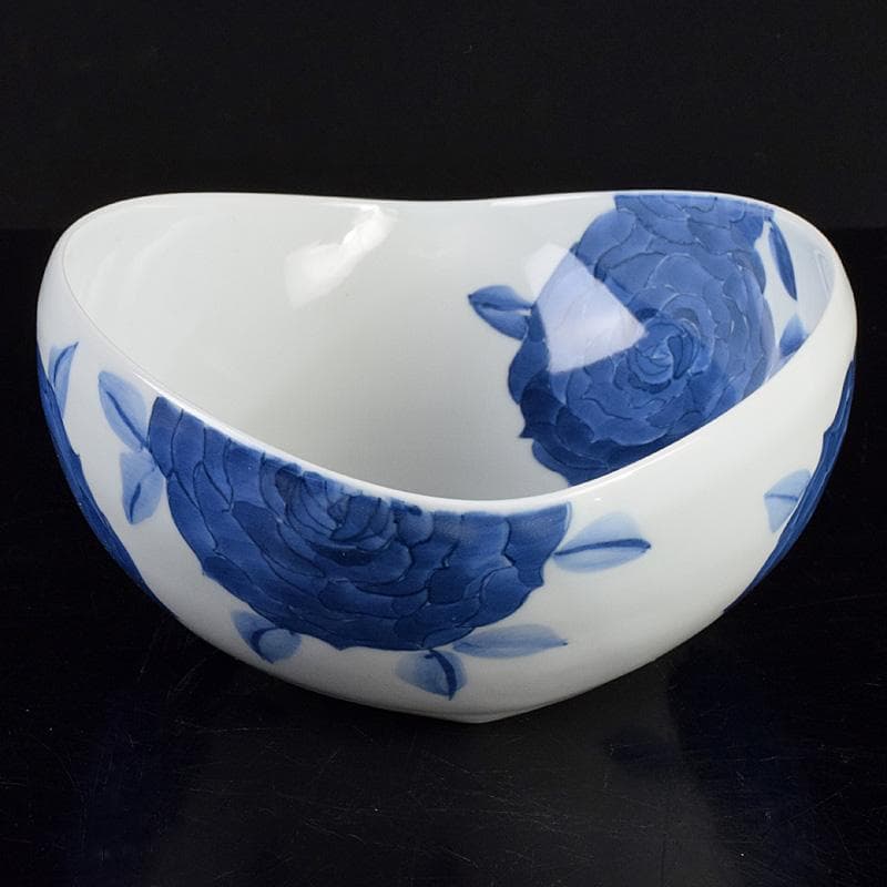 陶芸家　黒部駒子作　染付　椿文　楕円鉢　共箱　V　R9347