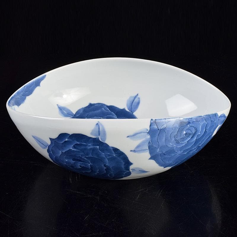 陶芸家　黒部駒子作　染付　椿文　楕円鉢　共箱　V　R9347