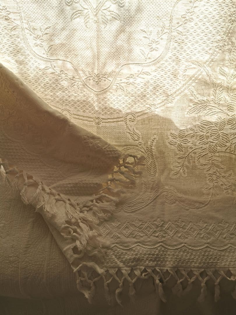 アンティーク南仏 ピケドプロヴァンス メダイヨン＆花籠 交差フリンジ付スプレッド