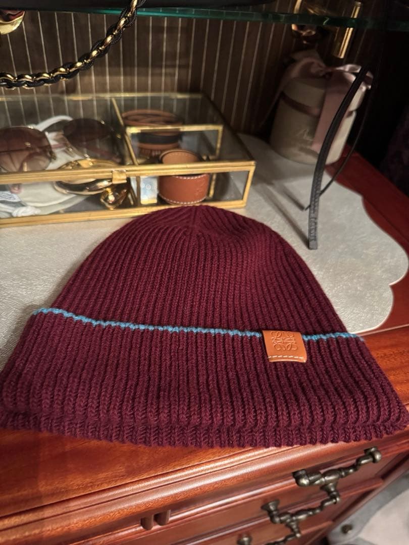 ロエベ バーガンディ リブ編み ニット帽ウール