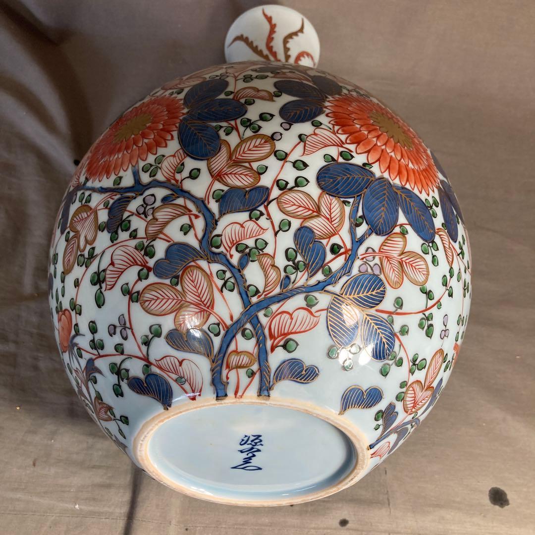 【源右衛門】古伊万里の伝統　日本の名窯　舘林源右衛門作　染錦菊牡丹鳳凰文　大花瓶