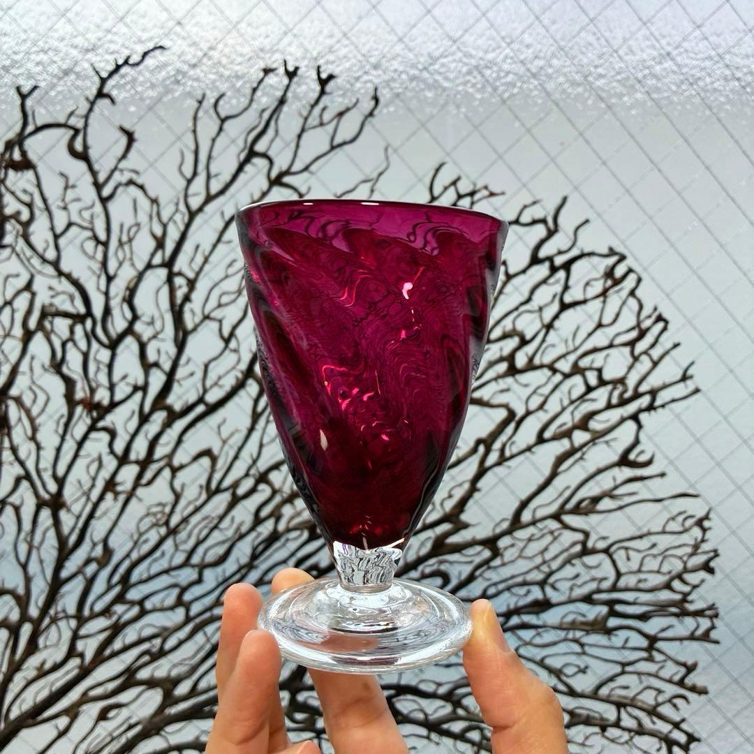 骨董　時代　希少金赤ガラス　モールガラス調　流線型　アイスコップ　ウラン③