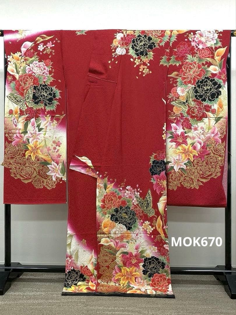 振袖 仮絵羽 京友禅 浅田真央 刺繍 金彩 牡丹 薔薇 正絹 未仕立て品 八掛付