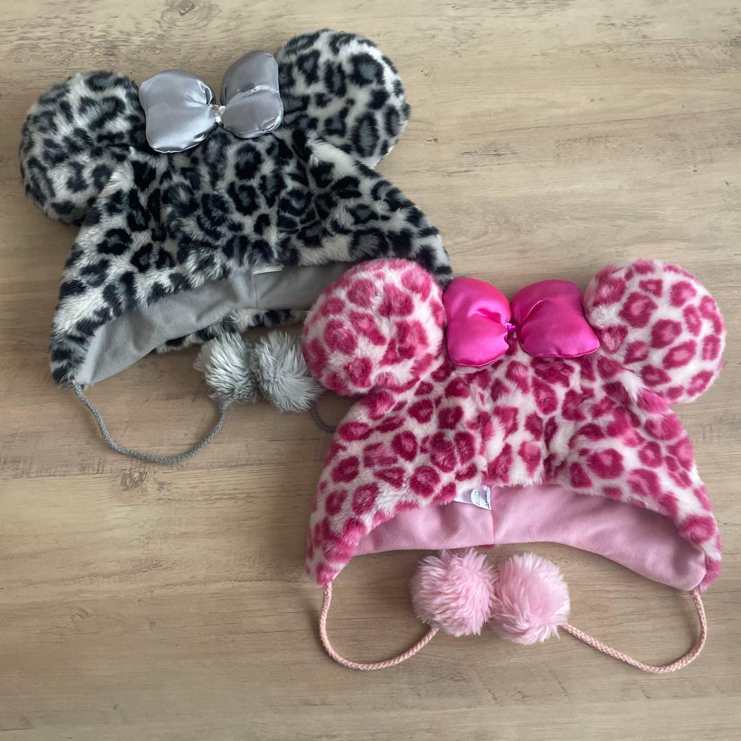 ディズニー　ミニー　ファンキャップ　ヒョウ柄　グレー　ピンク　レオパード　被り物