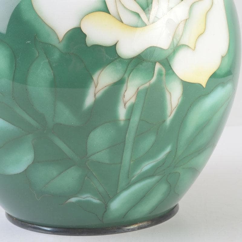 七宝焼　安藤七宝店　純銀刻印　緑釉　花文　花瓶　V　9659