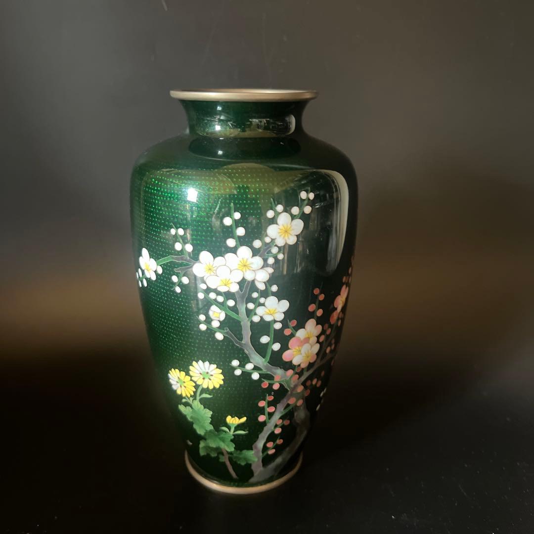 安藤七宝焼　梅菊竹　珍しい深緑系　花入れ　花瓶　華道　刻印有　極上工芸　金属工芸