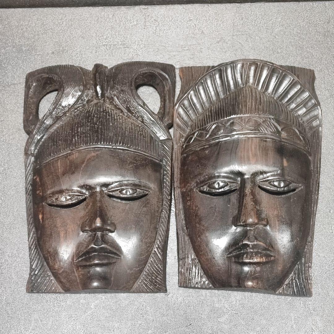 アフリカ　セネガル　木彫 お面 マスク　黒檀　エボニー　祭祀　王冠　壁掛け古美術