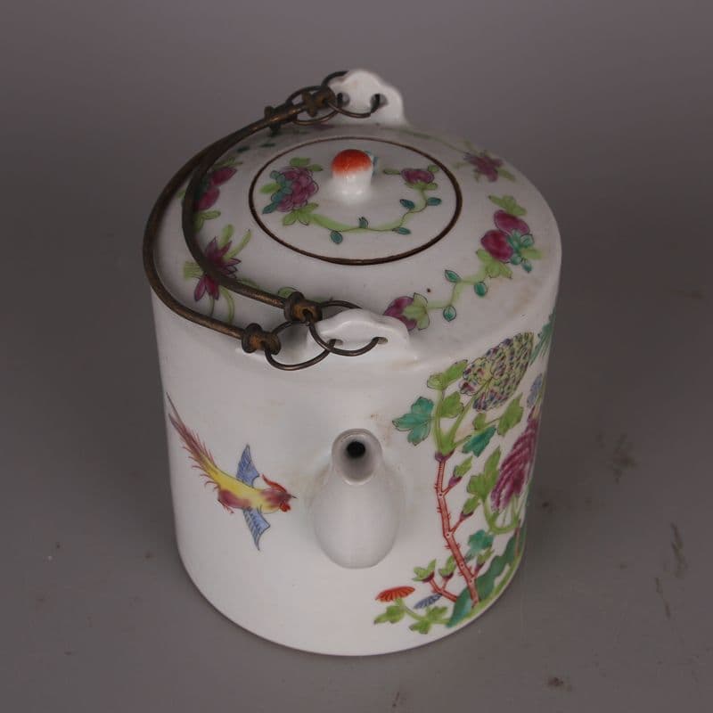 彩花鳥提梁壺 茶壺 茶道具 茶器 工芸品 美術品 置物