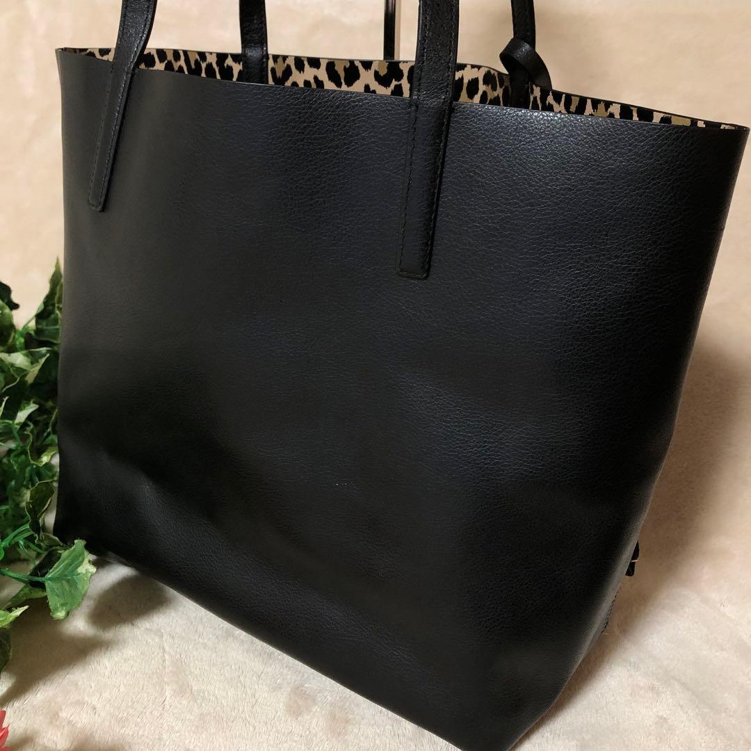 極美品　ケイトスペード　トートバッグ　リバーシブル　ポーチ付き　レオパード柄　黒