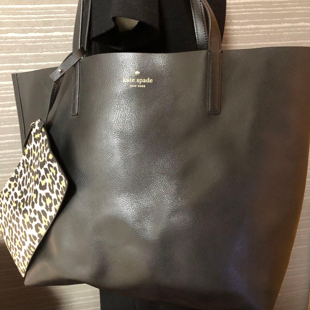 極美品　ケイトスペード　トートバッグ　リバーシブル　ポーチ付き　レオパード柄　黒