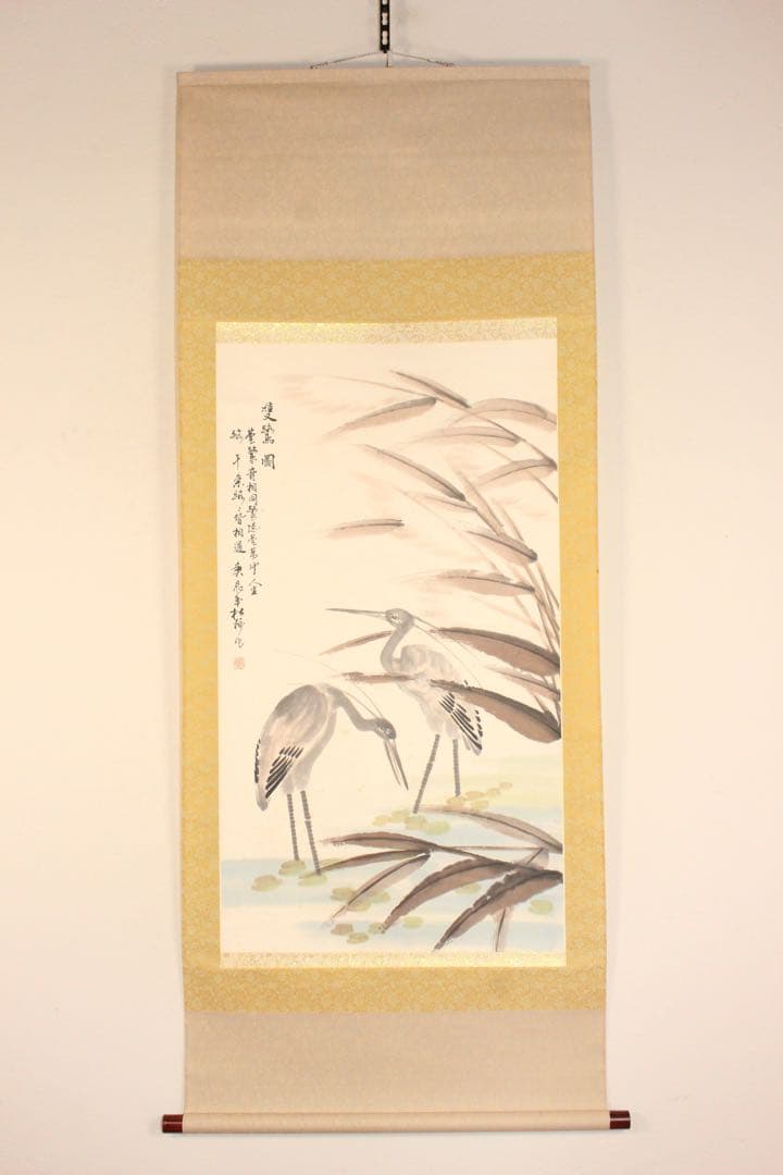 No5274 掛軸　在銘　杜飛　雙鷺図　紙本着色　中国画　唐画　鳥獣　送料無料