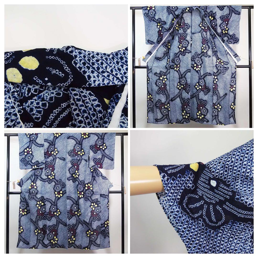 美品　有松絞り浴衣　花文様　蜘蛛絞り　藍染　夏にぴったりの涼やか浴衣　SS寸