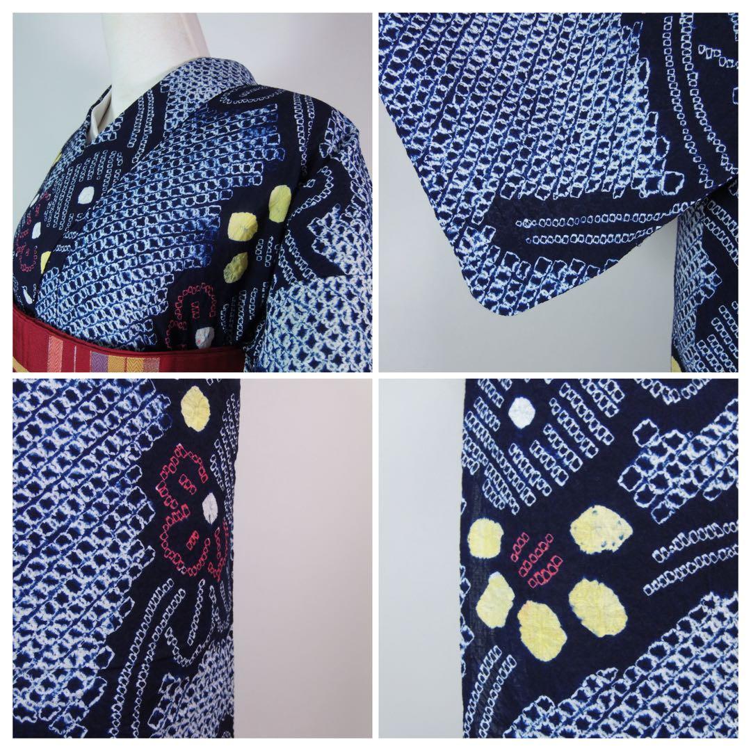 美品　有松絞り浴衣　花文様　蜘蛛絞り　藍染　夏にぴったりの涼やか浴衣　SS寸