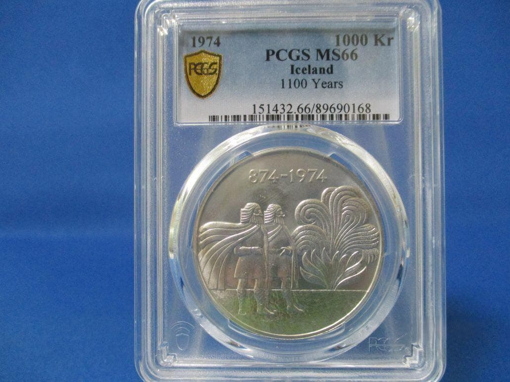 アイスランド 1000クローネ銀貨☆1974年/未使用/4つの精霊/バイキング