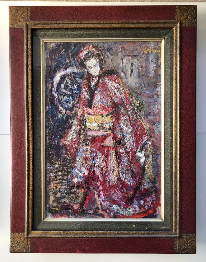 額装　油彩　大歳敏秋　「淡路人形　楽屋のお染」