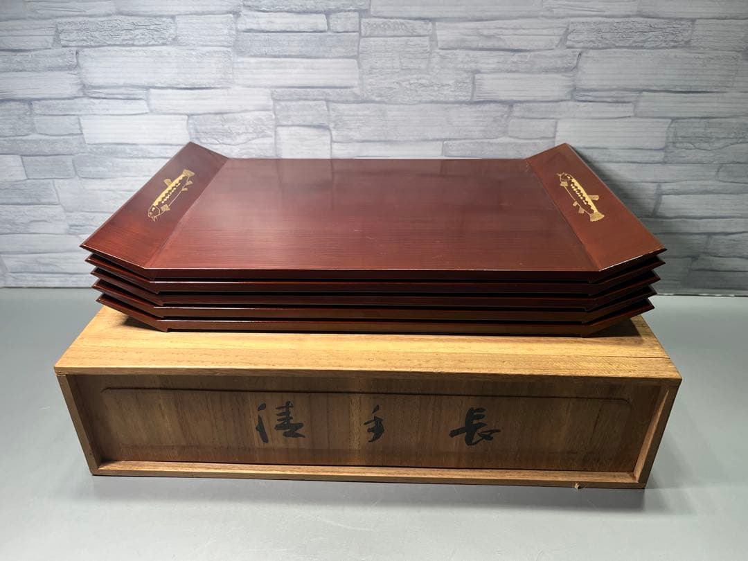 塗師　善◯作　手長膳　五枚　共箱　懐石盆
