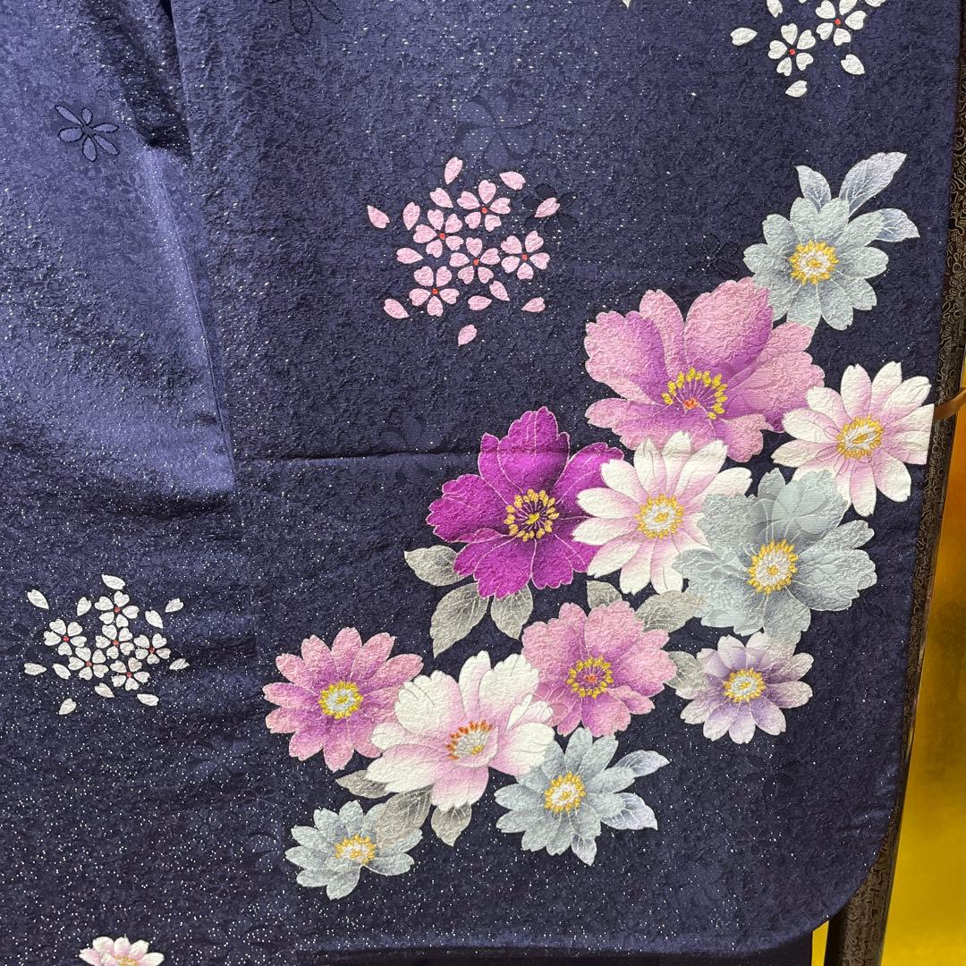 振袖　正絹　成人式　銀通し　紺